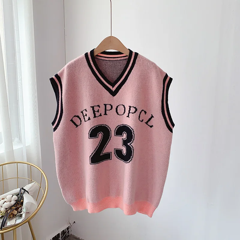 

Letter Embroidery Preppy Style Sweater Vest Women Oversized Loose BF Girls Knitted Tank Tops V-Neck Sleeveless 2020 Autumn New