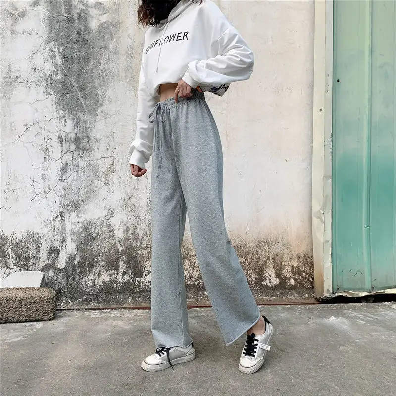 

Thin wide leg pants women's Korean version Harlan loose and thin spring summer high waist straight tube grey nine point student