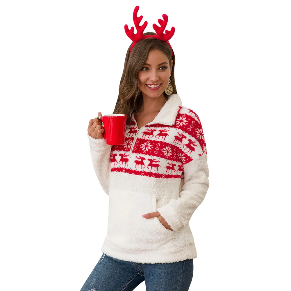 Рождественский пуловер с карманом домашний на молнии воротником каждый день