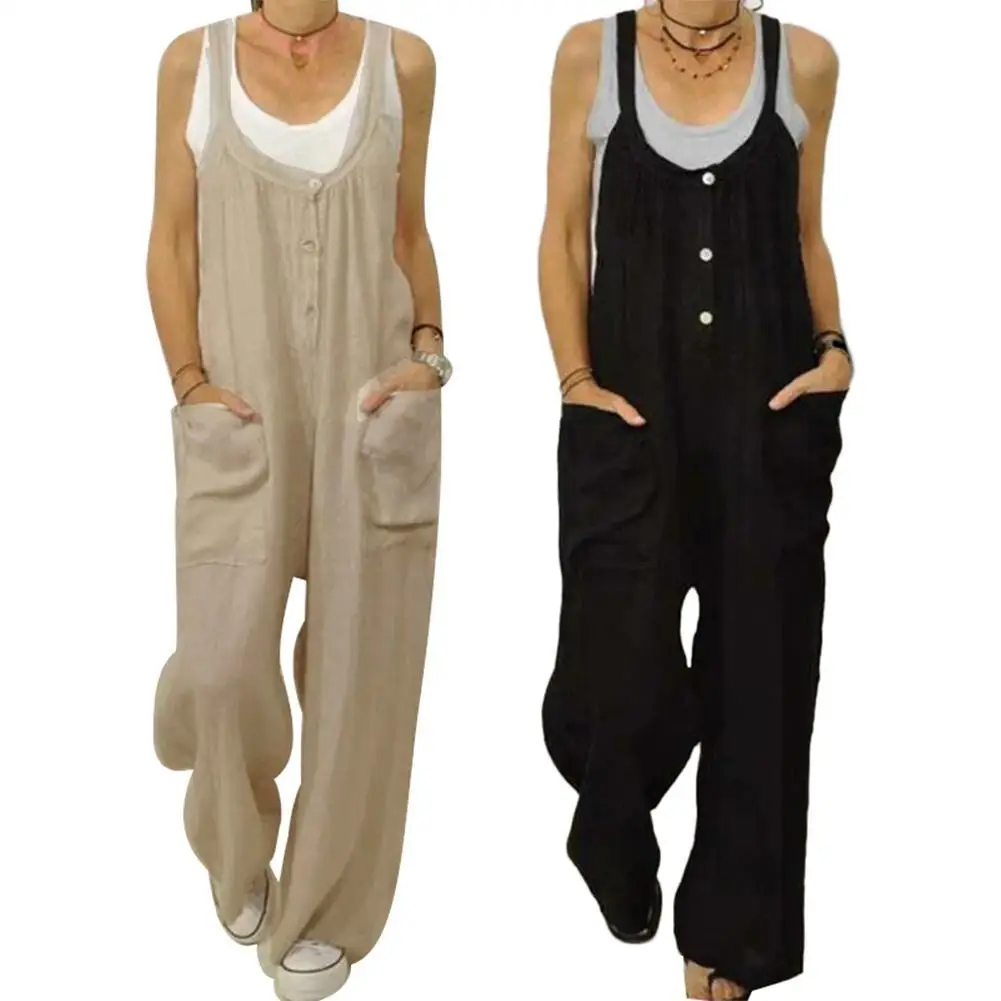 

80% HOT SALES！！！Women Solid Color Buttons Pockets Cotton Linen Jumpsuit Bib Overall Dungarees