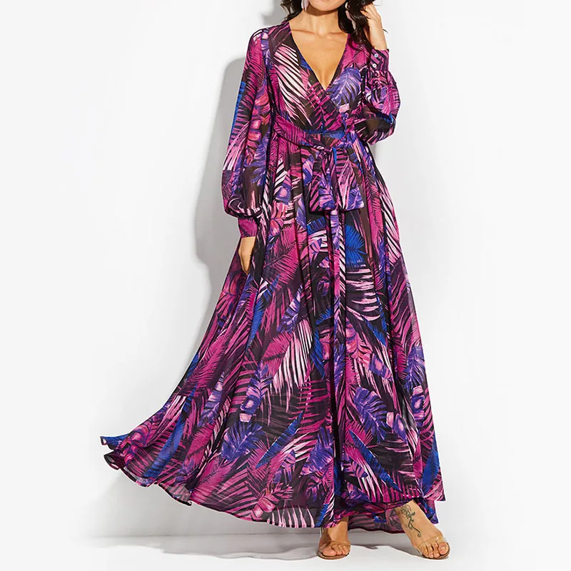 Purple Thick Autumn Vintacy модное женское летнее пляжное платье макси, Зеленое Длинное Платье с v-образным вырезом, богемное платье с рукавом-фонариком, платье в стиле бохо, женское вечернее платье - Цвет: Purple Thick Autumn