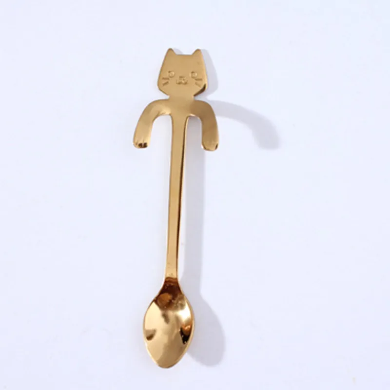 Gold Милый мультяшный Кот из нержавеющей стали Ручка подвесной чайный кофе ложка Мороженое столовые приборы посуда для кемпинга пикника - Цвет: Gold