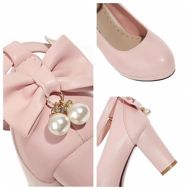 

REAVE CAT New 2021 Women Pumps Round Toe 7.5cm Block Heels Buckle Crystal Bling Classic Bowtie Big Size 31-43 Casual A3847
