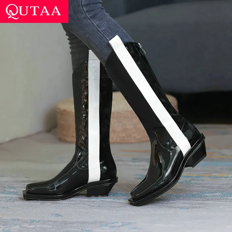 

QUTAA 2022 Knee High Women Boots Square Toe Zipper Women Shoes Elegant Low Heel Zipper All Match Long Boots Big Size 34-39