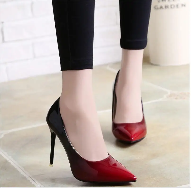 

Fashion female pump new fashion gradient color high heel shoes pointing toe patent leather wedding dance hall shoes 34-42
