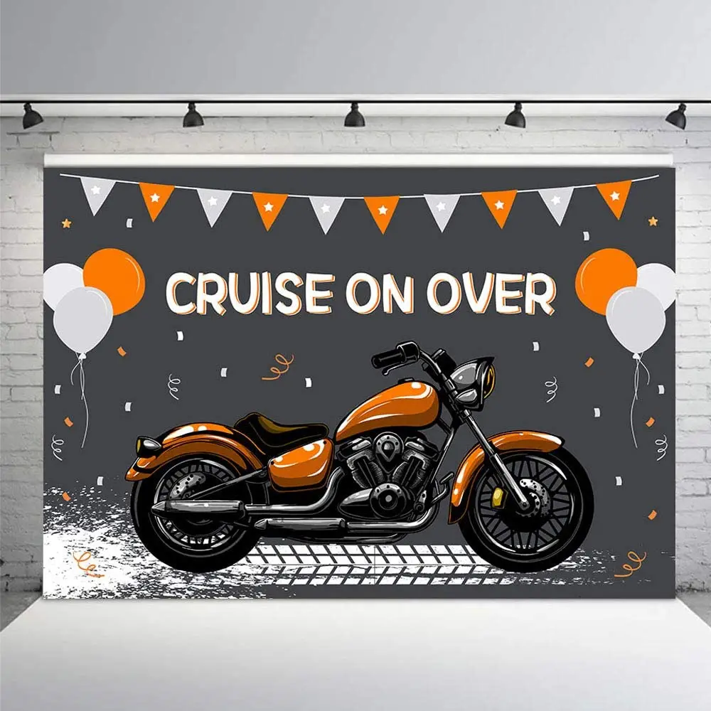 

Motorcycle Photography Backdrop Props Boy Happy 1st Birthday Party Cruise On Over Ride Orange Silver Balloons Background