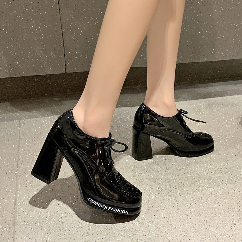 

New British Style Women's High Heels Pumps Chaussure Femme Patent Leather Shoes Platform Lace Up Office Lady Footwear Size 34