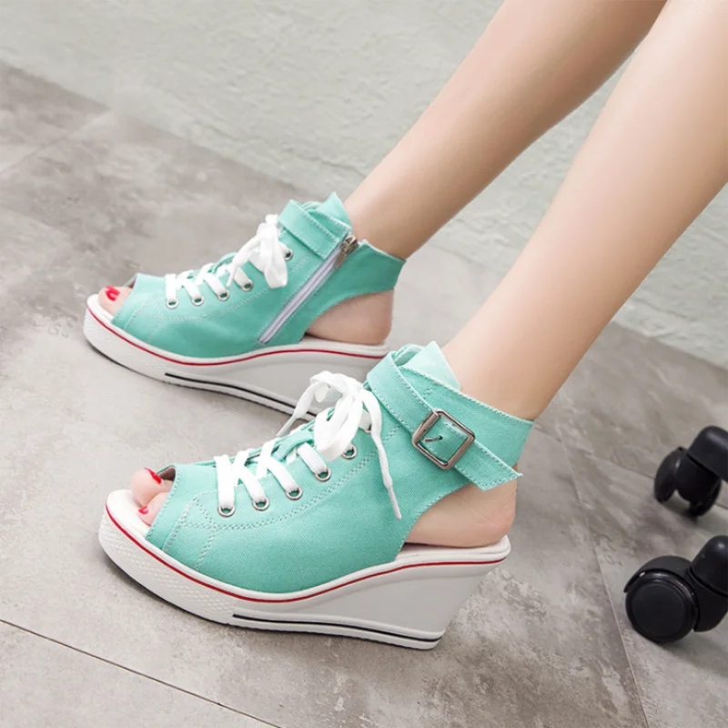 

2021 Spring and Summer New High-top Canvas Women's Fish Mouth Canvas Sandals Tide Wedge Open-toe Hollow Women's Sandals ZQ0319