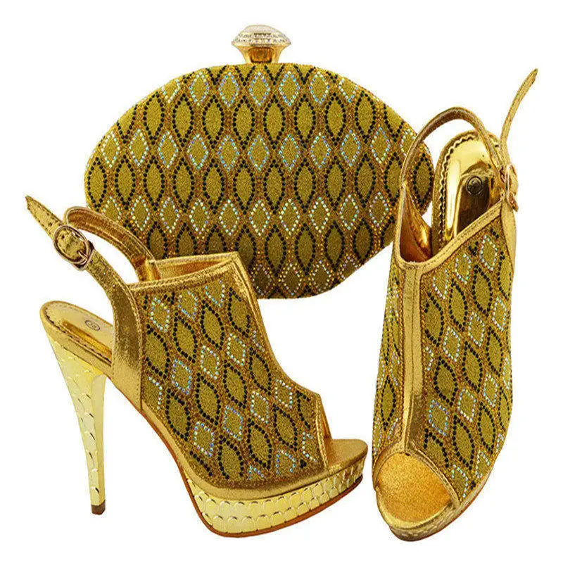 

Fashion Design Woman Yellow Color Shoes And Bag To Match Set African Rhinestone High Heel Shoes And Bag Set For Party