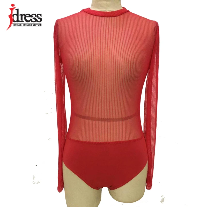 Красный IDress женский сексуальный боди Красный Белый Черный боди с длинным рукавом Прозрачный сетчатый кружевной комбинезон для женщин Комбинезоны, обтягивающие боди - Цвет: Красный