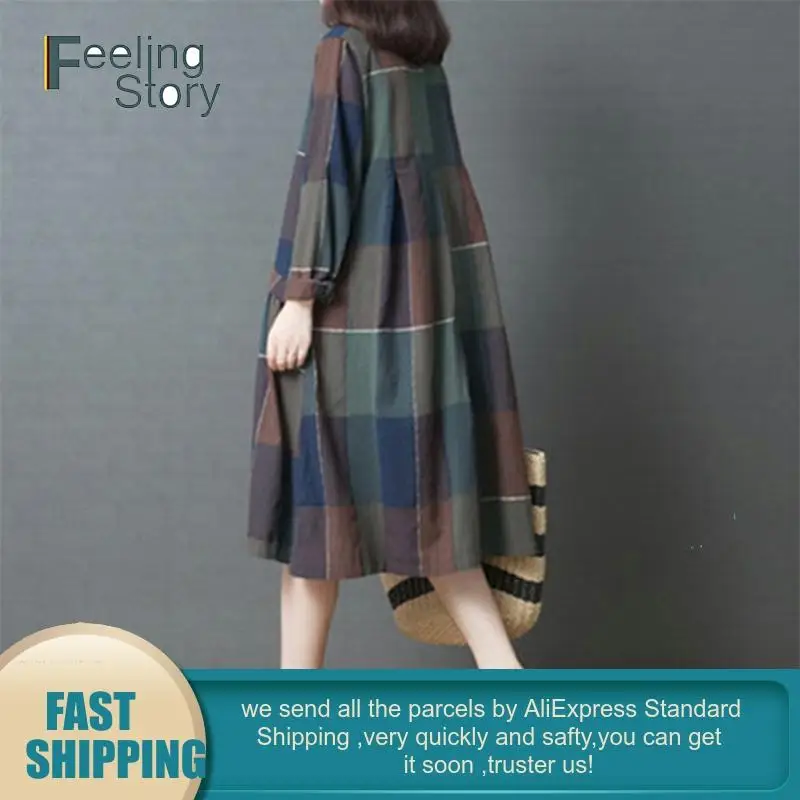 Boho plaid dress cotton linen summer 2020 Women Vintage O Neck Long Sleeve spring Split Dress large size clothing for women | Женская