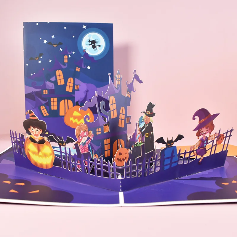 

Halloween 3D Pop Up Greeting Card Pumpkin Friendly Ghost Witch Haunted House Bats for Halloween Card