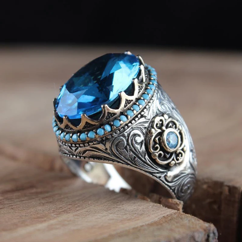 

Luxury Antique Women Ring Boho Vintage Big Sky Blue Oval CZ Ring For Women Fashion Ethnic Wedding Band Jewelry Size 6-10