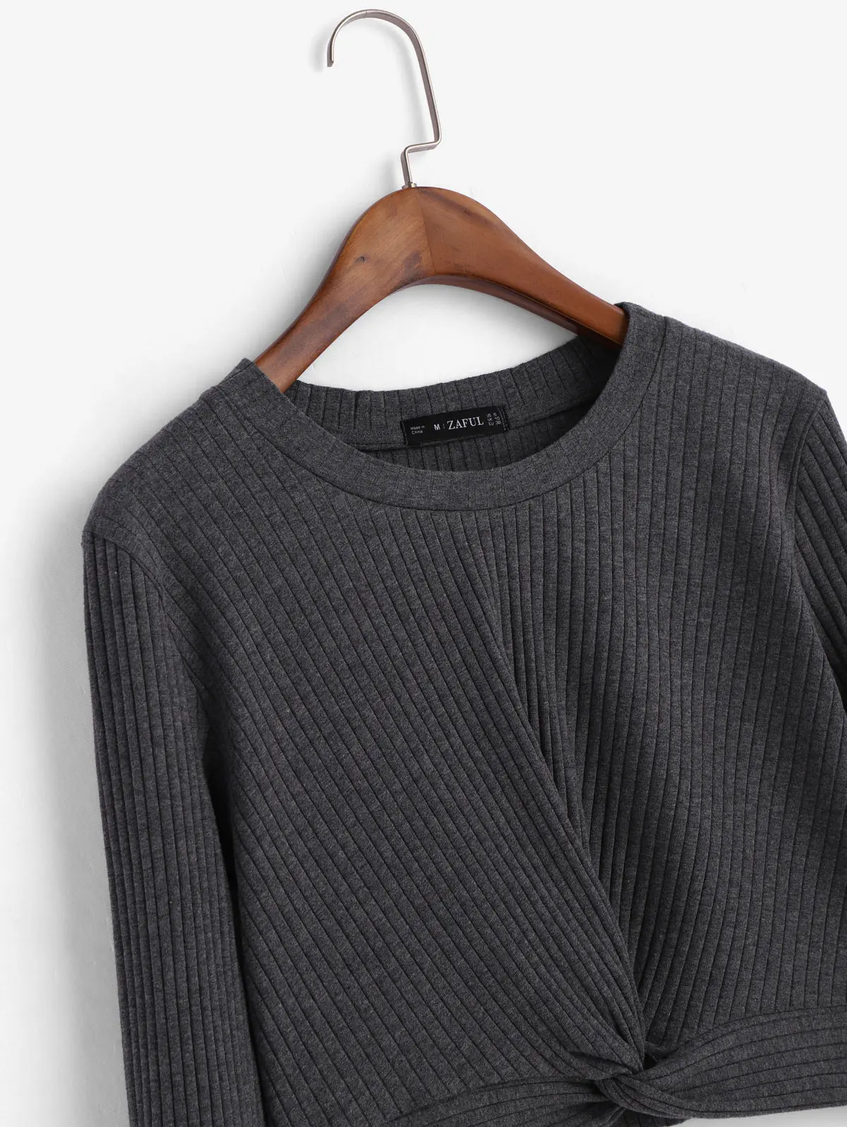 ZAFUL Women Dark Grey Twist Front Ribbed Knit Crop Casual Top Autumn Long Sleeve Form Fitted Basic Teenagers Sweater Tee | Женская