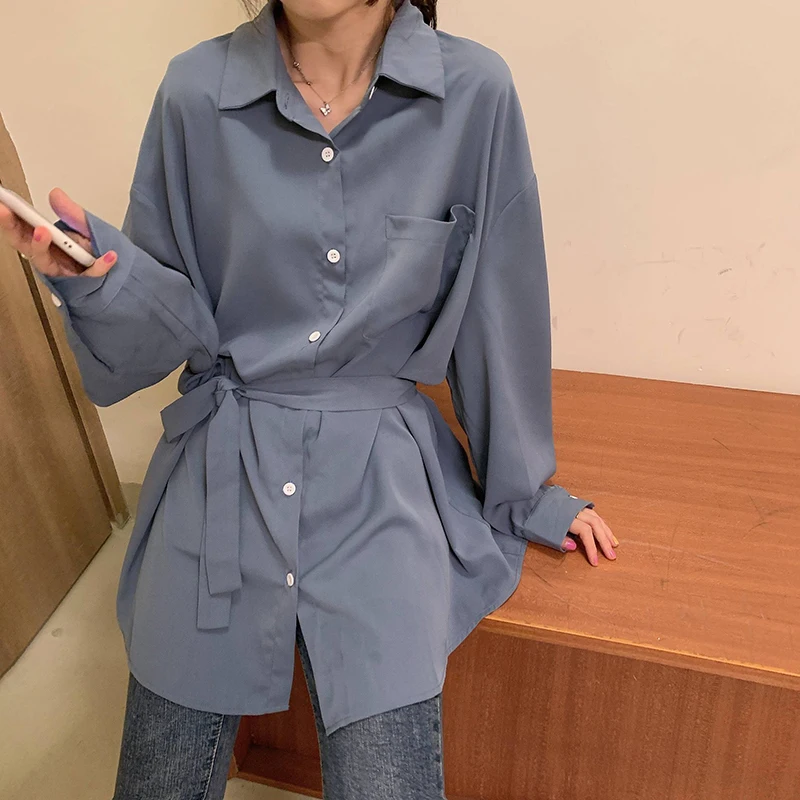 

Women Shirts 2020 Autumn Solid Bandage Blouses Long Sleeve Vintage Loose Fashion Blusas Elegant Tops Korean