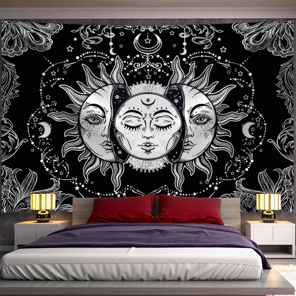 White Black Sun Moon Mandala Tapestry Wall Hanging Witchcraft Wall Tapestry Hippie Wall Carpets Dorm Decor Psychedelic Tapestry  - buy with discount
