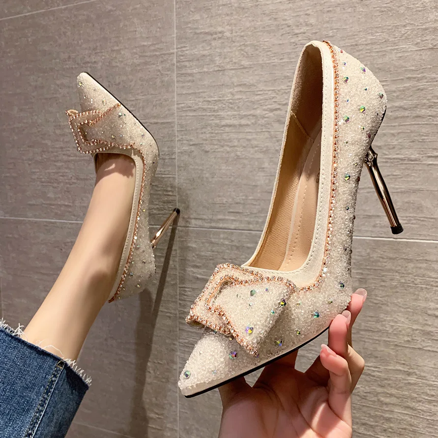 

2021 New Women Buckle Sexy Crystal 9.5cm Stiletto High Heel Dress Pumps Shoes Pointed Toe Ladies Female Footwear Plus Size 34-40