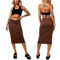 women solid color midi skirts slim fit high waist tie up drawstring skirts with bandage for summer