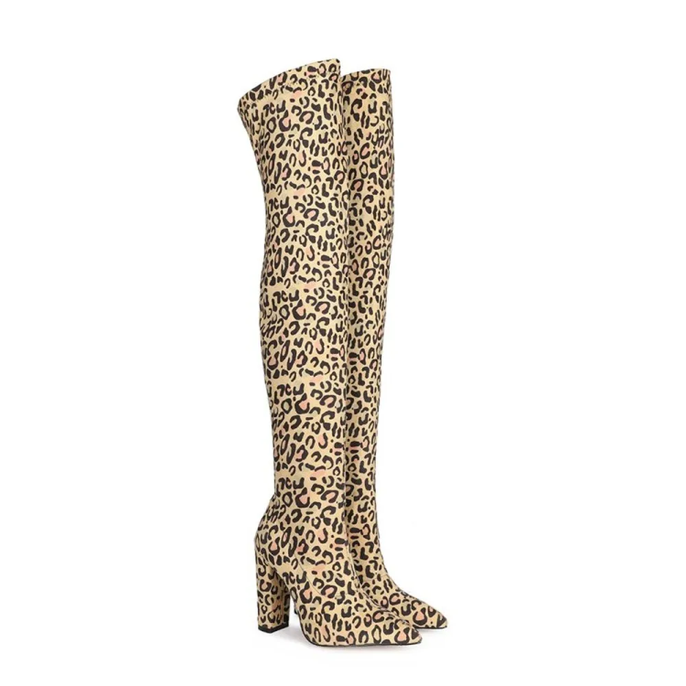 

OLOMLB Womens Pointy Toe Leopard Over The Knee Thigh Boots Block High Heel Stretchy Shoes 2Colors Sexy Plus Size 34-48