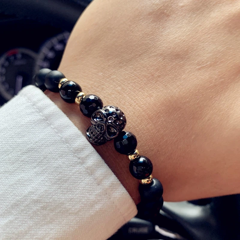 Мужской браслет с черепами модный винтажный черными бусинами и кубическим