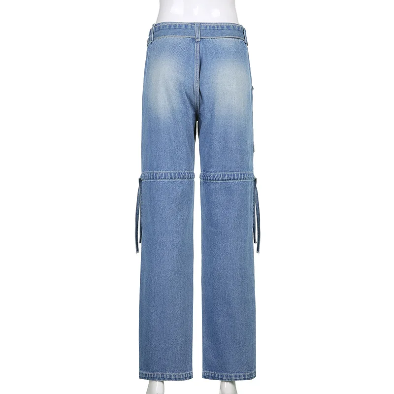 

Denim Pants Women Indie Aesthetics Pockets Mid-Waist Baggy Jeans With Belts Y2K Streetwear Trousers 90s Vintage Straight Pants