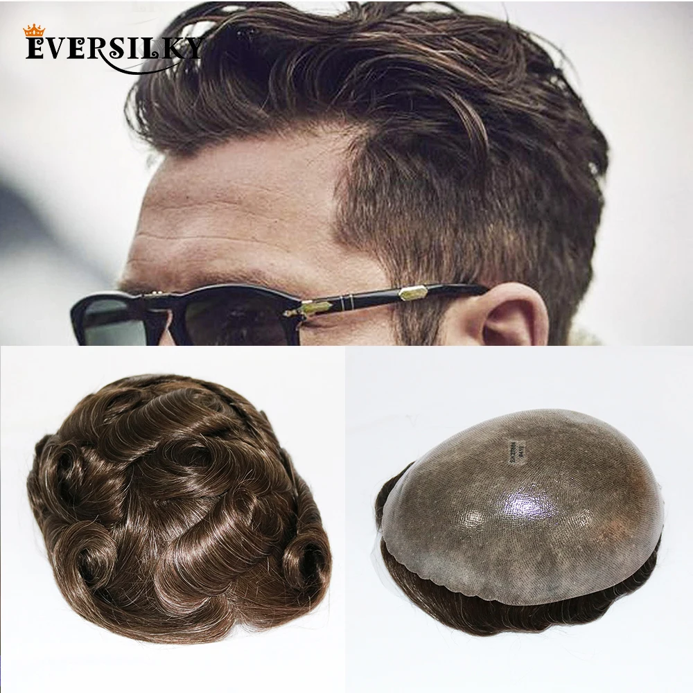 

Eversilky Durable Skin Natural Human Hair Men Toupee Indian Remy Hair Clear Poly Base Human Men Hair Replacements