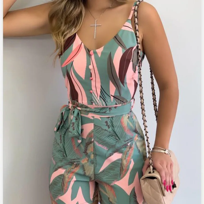 

Leaf Print Striped Spaghetti Strap Tied Bodycorn Women Sexy Playsuits Sleeveless Summer Casual One Piece Overalls Jumpsuits
