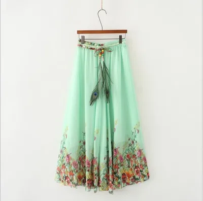 Харадзюку Винтаж Макси Юбки Женские однотонные Boho шифон Saia Longa Лето Тюль повседневные богемные длинные юбки женская одежда - Цвет: lvse suihua