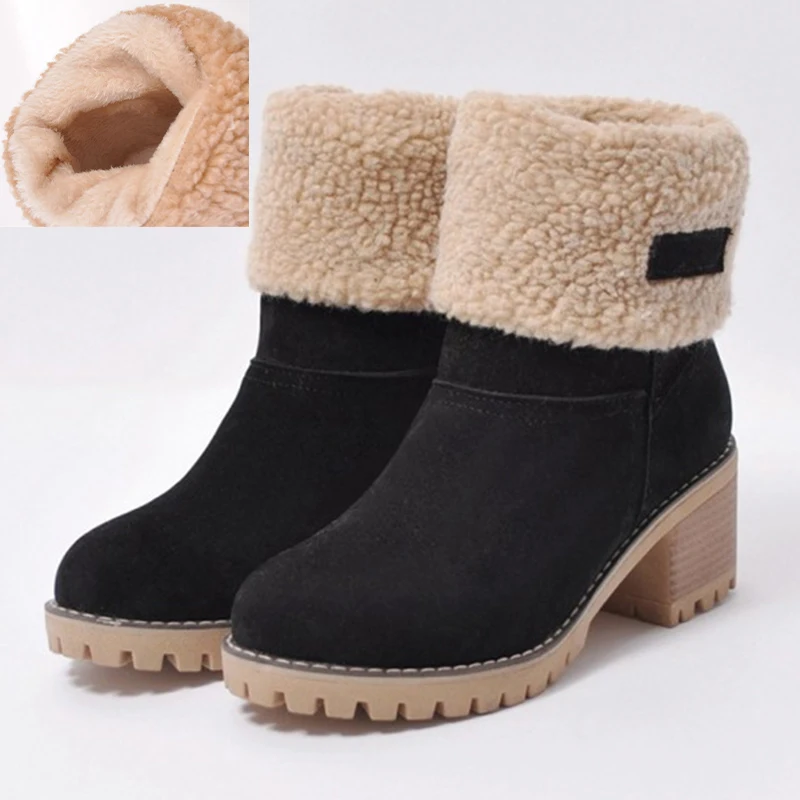 Женские зимние теплые ботинки 2021 ботильоны на толстом меху 5 см высоком каблуке