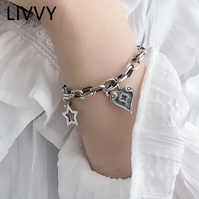 

LIVVY Thai Silver Color Hollow Out Star Heart Pendant Bracelet Women Couples Vintage Creative Design Jewelry Gift