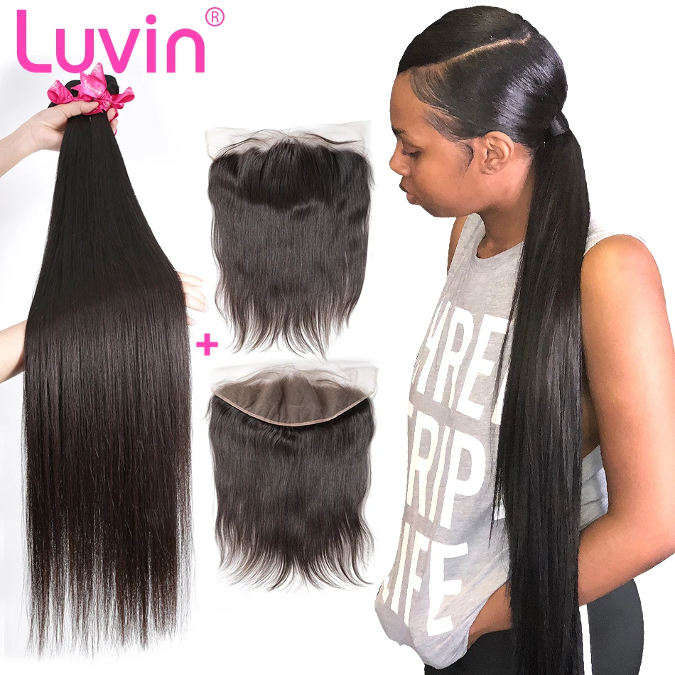 Luvin 8-28 30 32 34 40 дюймовые перуанские волосы плетение 3 4 пряди с 13x4 фронтальное закрытие шнурка Remy Натуральные Прямые Человеческие волосы и