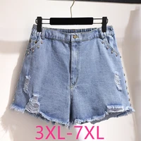 new 2021 summer plus size denim shorts for women large loose casual elastic waist rivet blue hole jeans shorts 4xl 5xl 6xl 7xl