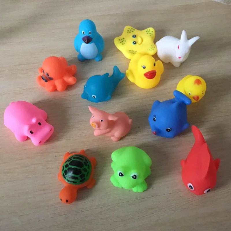 

13 Pcs Mixed Animals Swimming Water Toys Colorful Soft Floating Rubber Duck Squeeze Sound Squeaky Bathing Toy For Baby Bath Toys