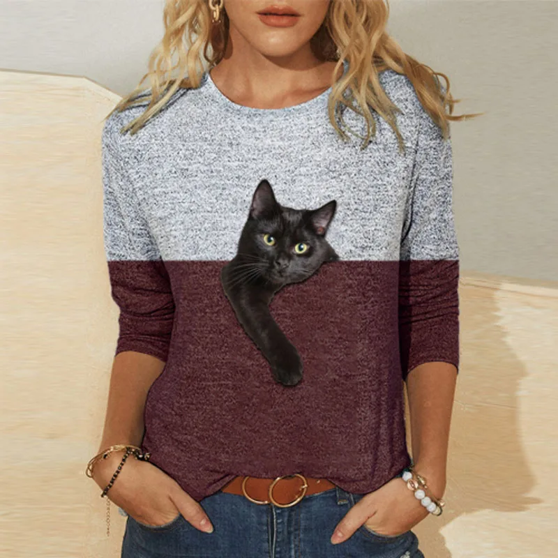 

2021 Spring Cute Cat Print Patchwork Blouse Women O Neck Long Sleeve Shirt Casual Plus Size Streetwear Tops Autumn Pullover 3XL