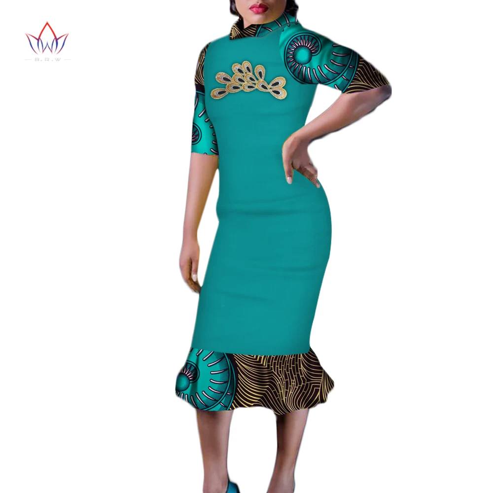 

African Dresses For Women mid-calf robe O-neck female Traditional Africa outfits Ankara clothes Lady Wear Print Style WY264