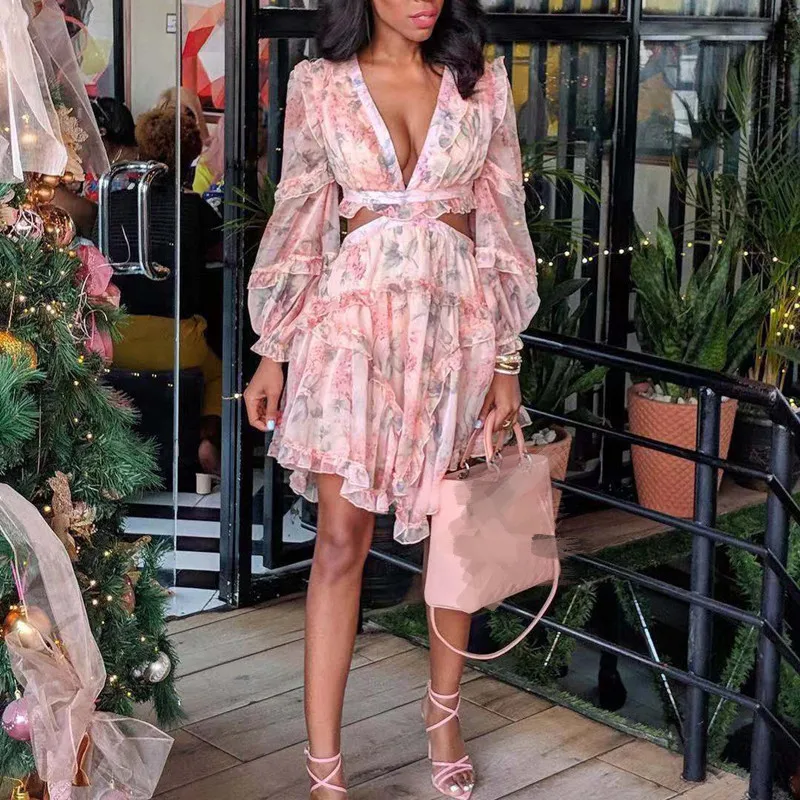 

Women Spring V Neck Chiffon Print Dress Self-tie Knot Front Ruffles Dress Female Sexy Short A Line Party Vestidos 2021