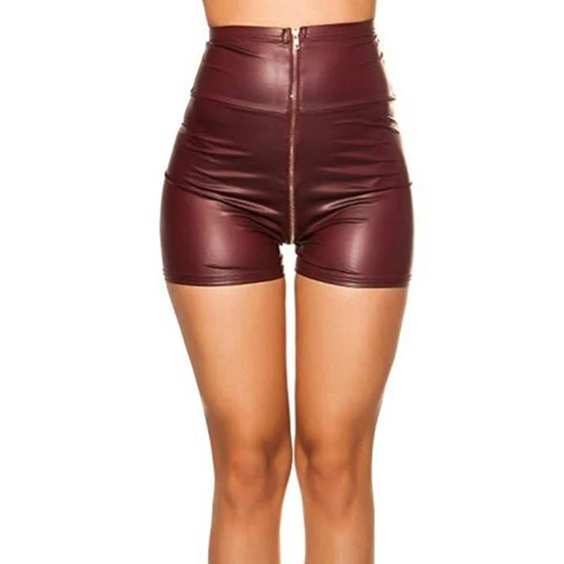 

Women's Summer Sexy Zipper Faux Leather Shorts PU High Waist Solid Color Shorts Night Club Wear Short Skinny Zipper Fly