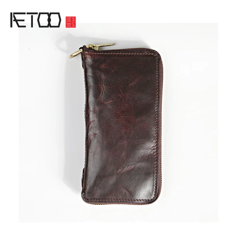 AETOO Long leather wallet made of hand-made vegetable tanning long for men pleated pure copper zipper |