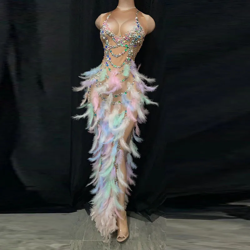 

Women Luxury Evening Party Dress 2021 Multi-Color Diamond Fearher Split Maxi Long Dress Stage Performance Nightclub Costume