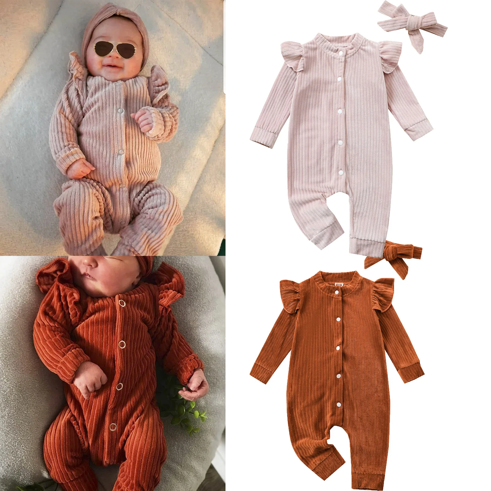 

Newborn Baby Girl Corduroy Clothes Knitted Long Sleeve Romper Botton Down Solid Bodysuit Outfits Infant