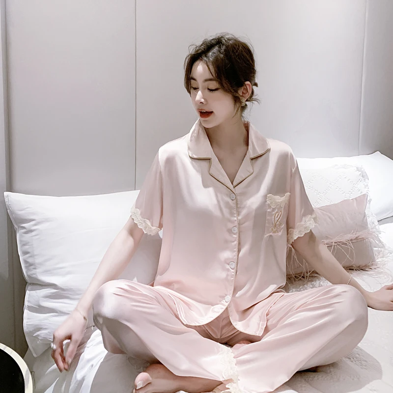 

Silk Pjs for Women's Satin Pyjama Pajama Set Short Sleeve Casual Sleepwear Nightwear Comfortable Solid Color Loungewear Satin