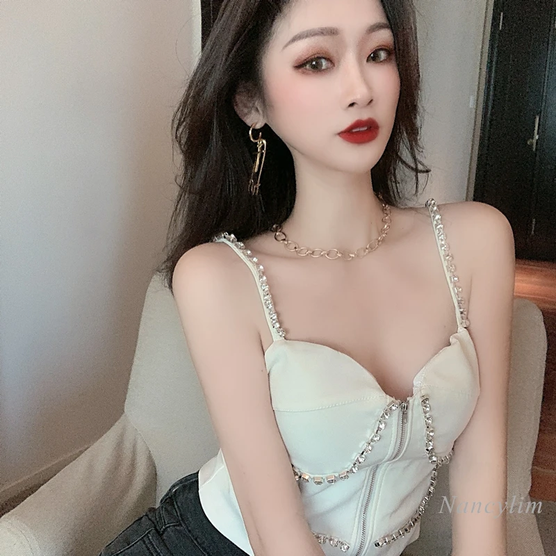 

Rhinestone Sleeveless Sexy Off Shoulder Small Tank Top Women's Inner All Match Short Strap Crop Top Lady Clothing 2021