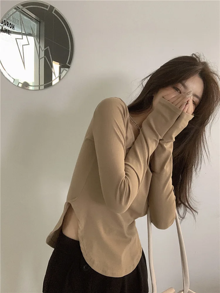 Хлопковая женская футболка с длинным рукавом однотонные женские футболки для