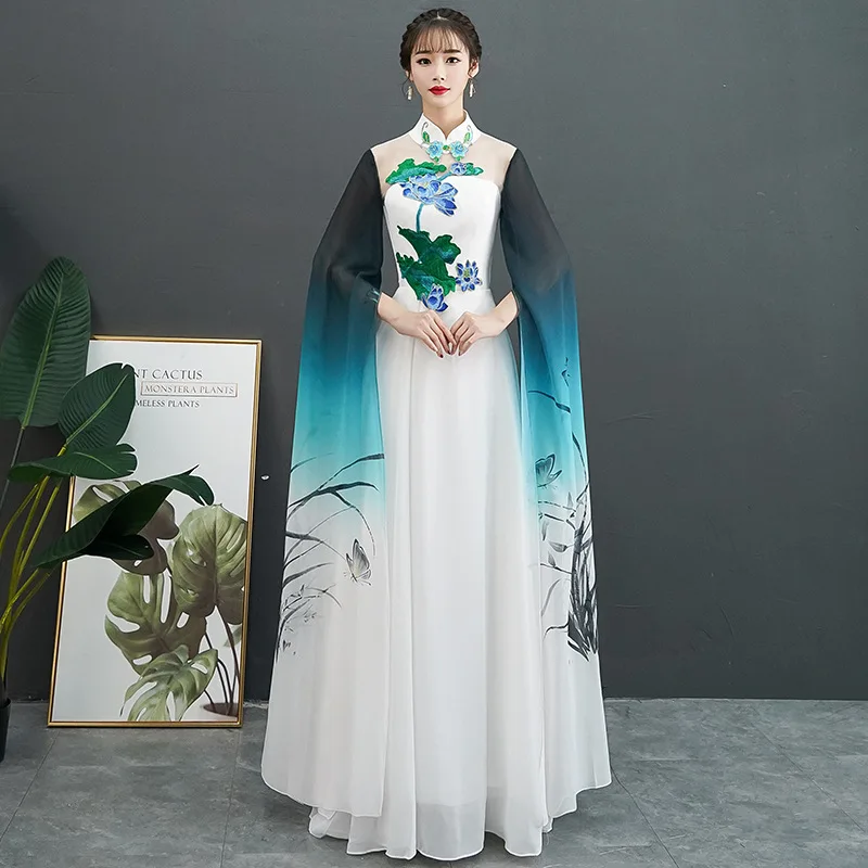 

Vintage Classic Women Cheongsam Evening Party Dress Stage Performance Dress Exquisite Appliques Flying Sleeve Banquet Dress 3XL