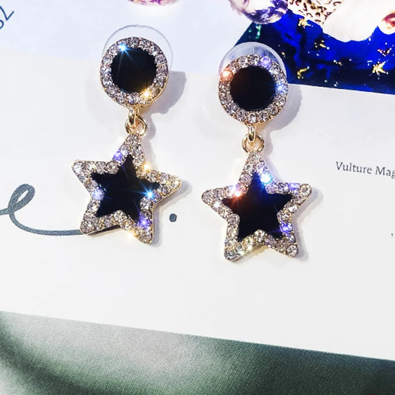 Earrings Black Round Square Star Pendant Geometric Women's Earrings Crystal Luxury Wedding Banquet Rhinestone Earrings