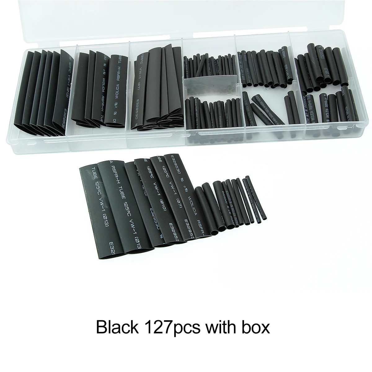 127PCS Box 70/127/164/328/530 шт Ассорти Полиолефиновая термоусадочная трубка Кабельные муфты Обёрточная бумага жгут проводов 8 размеров многоцветный/черный - Цвет: 127PCS Box