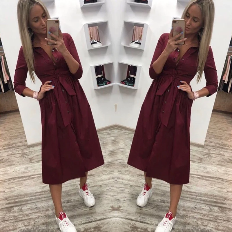 

Women Casual Sashes A Line Party Dress Ladies Seven Sleeve Turn Down Collar Elegant Dress Autumn Fashion Solid Vintage Dress