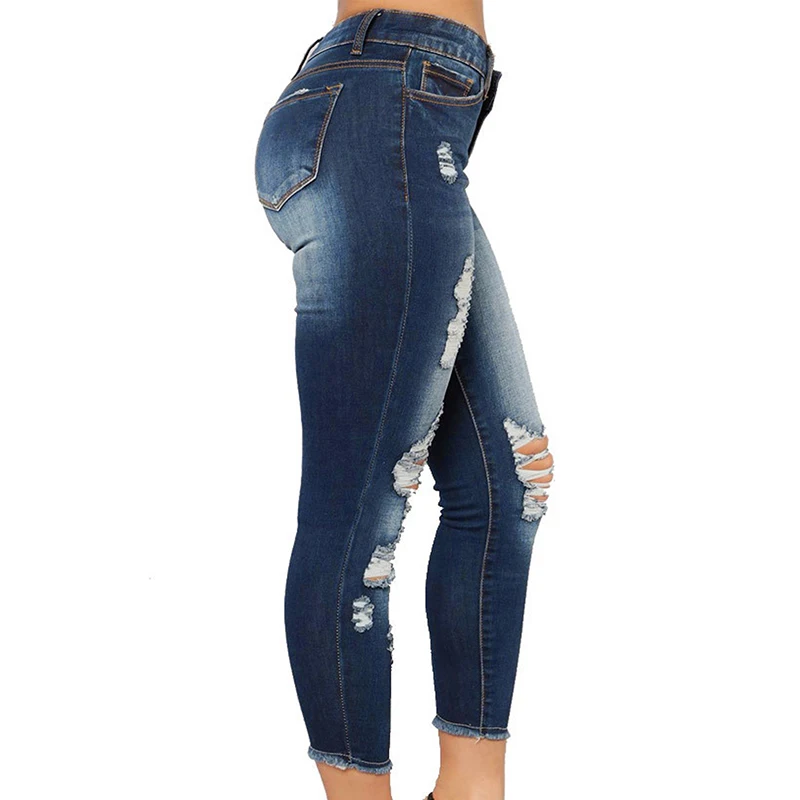

2022 New Denim Pants Ripped Fashion Casual Blue High Waist Vintage Slim Fit Streetwear Stretch Jeans Woman