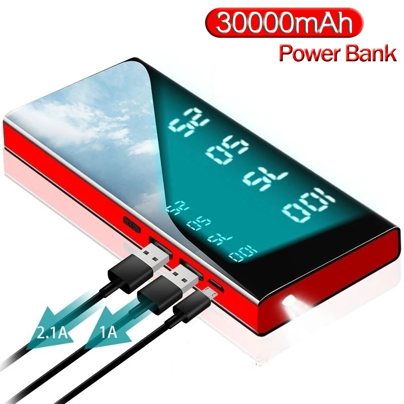 30000mAh Power Bank Mirror Screen Portable Powerbank Led Flashlight LCD Digital Display Fast Charging External Battery Charger