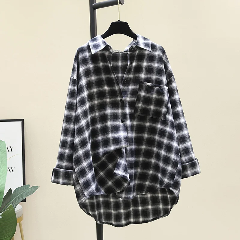 

SuperAen Black Plaid Shirt Autumn 2021 New Retro Loose Casual Turn Down Collar Full Women Tops